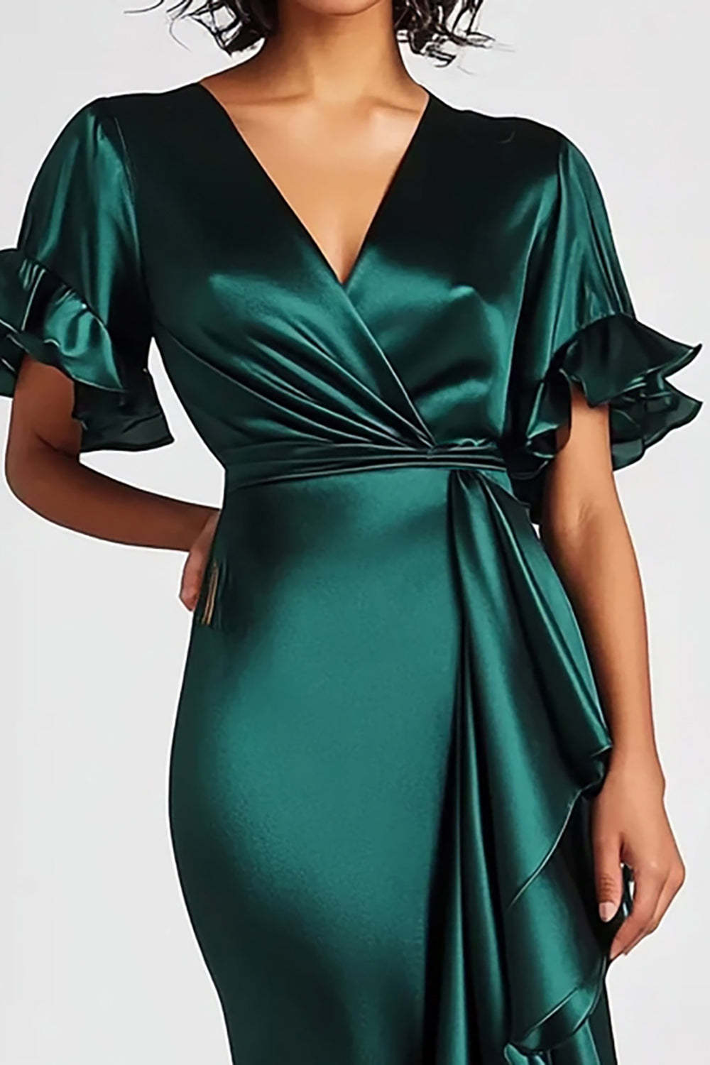 Dressystars Mermaid Long Dark Green Wedding Guest Dress Satin Formal Dress With Short Sleeves