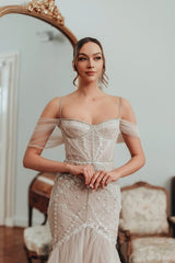 Dressystars Mermaid Off The Shoulder Spaghetti Strap Sleeveless Lace Tulle Bridal Gown With Appliques