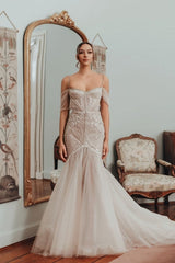 Dressystars Mermaid Off The Shoulder Spaghetti Strap Sleeveless Lace Tulle Bridal Gown With Appliques