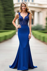 Dressystars Mermaid Royal Blue Wedding Guest Dress V-Neck Long Formal Dress With Appliques