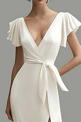 Dressystars Mermaid Satin White Deep V Neck Long Formal Dress With Slit