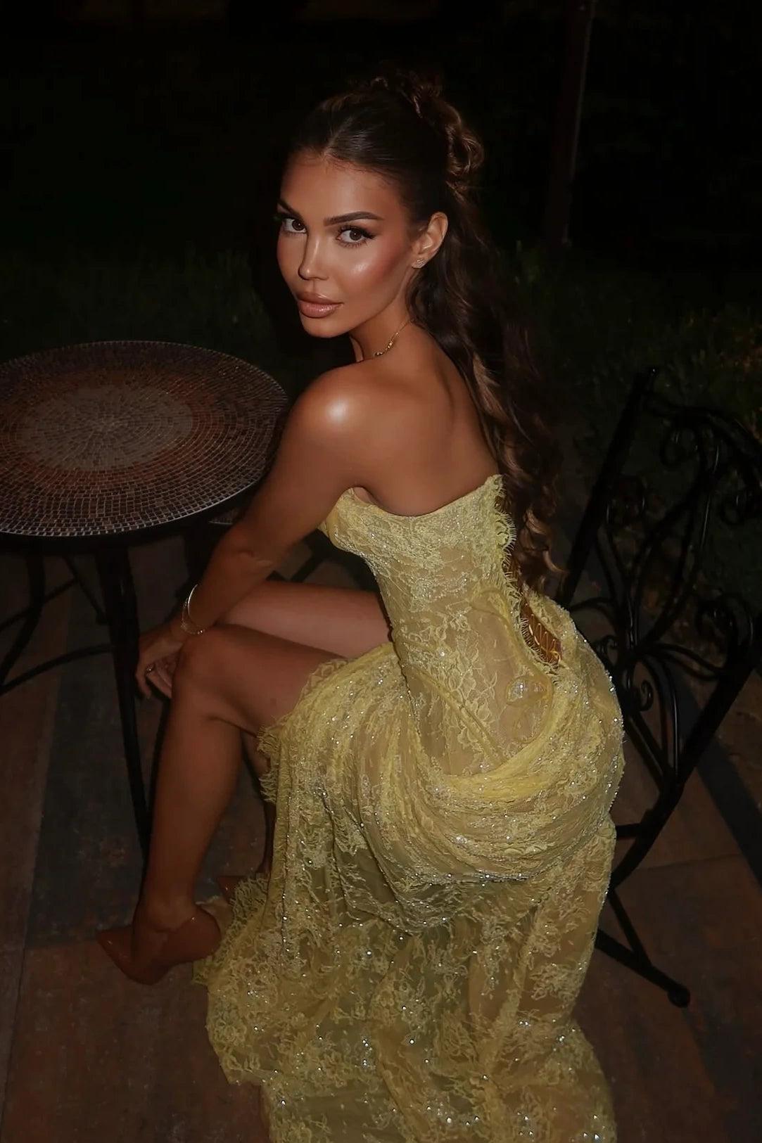 Dressystars Mermaid Sweetheart Yellow Lace Party Dress With Split Front Formal Evening Gown