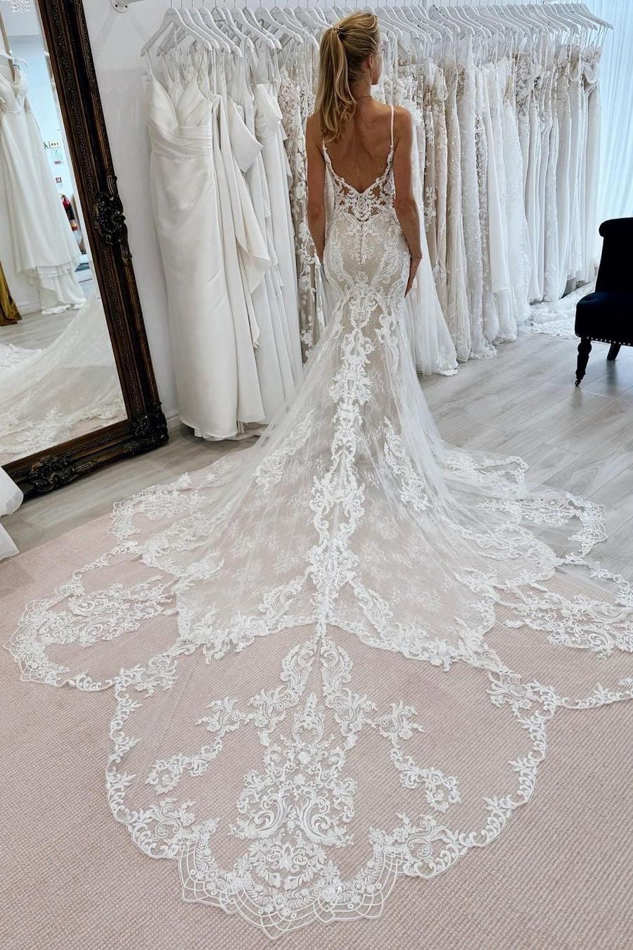 Dressystars Mermaid Tulle Lace Spaghetti Straps Sleeveless White Wedding Dress Bridal Gown With Appliques Train