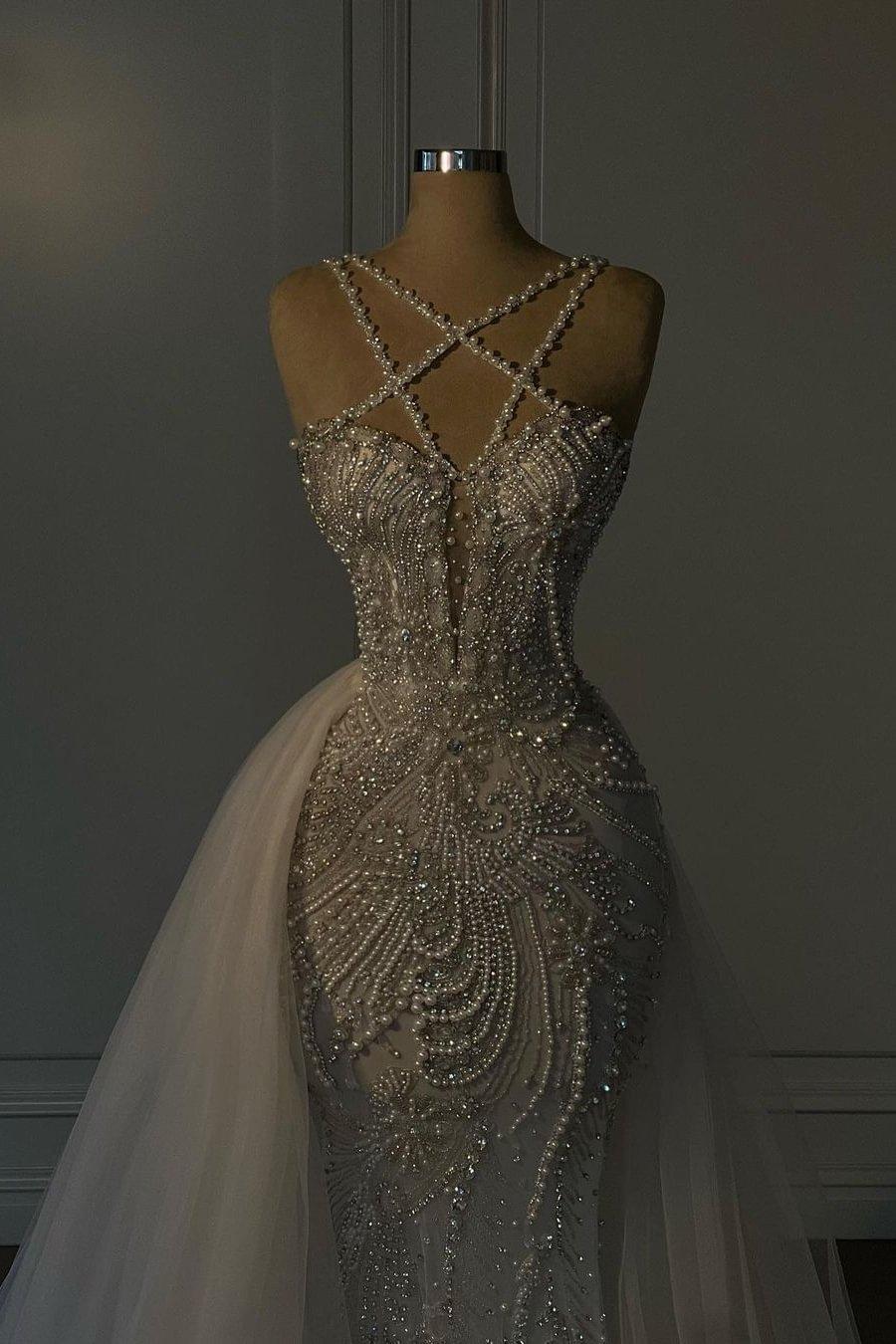 Dressystars Mermaid V Neck Spaghetti Strap Heavy Bridal Gown With Beadings