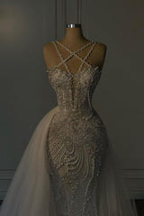 Dressystars Mermaid V Neck Spaghetti Strap Heavy Bridal Gown With Beadings