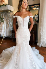 Dressystars Mermaid Wedding Dress Off The Shoulder Lace Sleeveless Bridal Gown With Train
