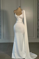 Dressystars Mermaid Wedding Dress Satin One Shoulder White Beaded Bridal Gown With Watteau Train