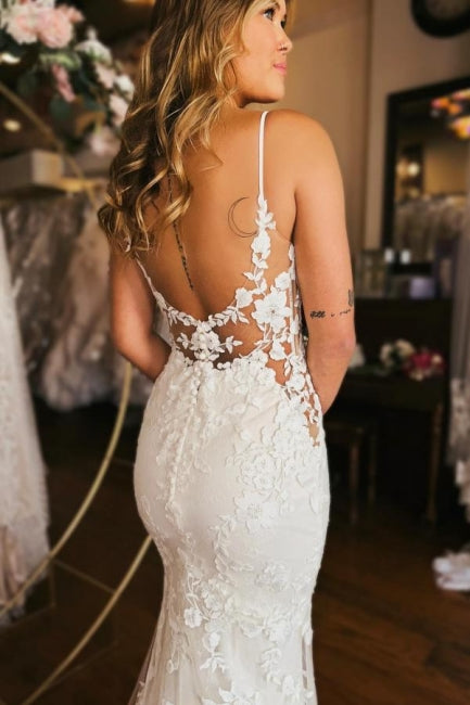 Dressystars Mermaid Wedding Dress Spaghetti Straps V Neck Backless Bridal Gown