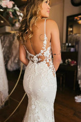 Dressystars Mermaid Wedding Dress Spaghetti Straps V Neck Backless Bridal Gown