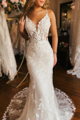 Dressystars Mermaid Wedding Dress Spaghetti Straps V Neck Backless Bridal Gown