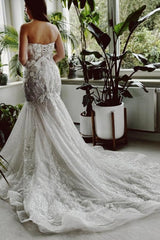 Dressystars Mermaid Wedding Dress Strapless Lace Sequined Bridal Gown With Train