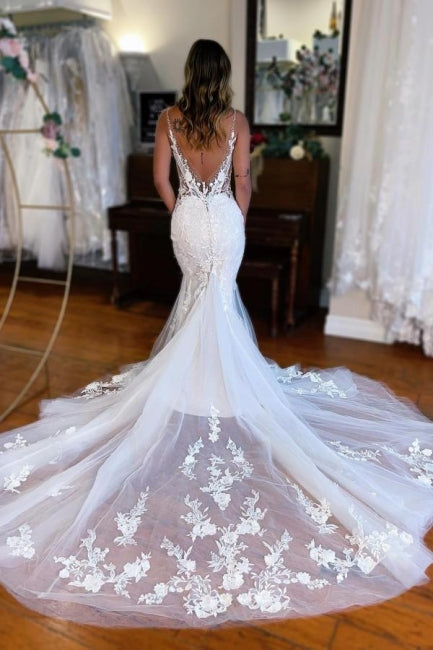 Dressystars Mermaid Wedding Dress V Neck Sleeveless Lace Bridal Gown With Train