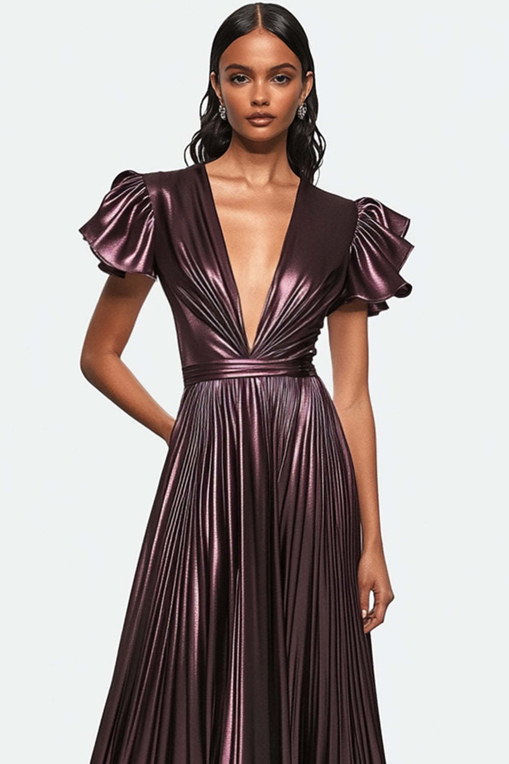 Dressystars Metallic Dusty Purple Wedding Guest Dress V-Neck Pleated Satin Formal Dress