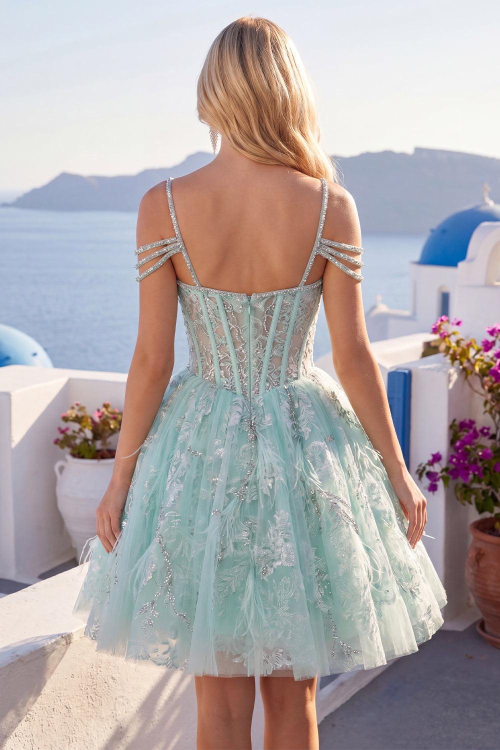 Dressystars Mint Cold-Shoulder Floral Beaded A-Line Corset Short Homecoming Dress