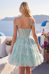 Dressystars Mint Cold-Shoulder Floral Beaded A-Line Corset Short Homecoming Dress
