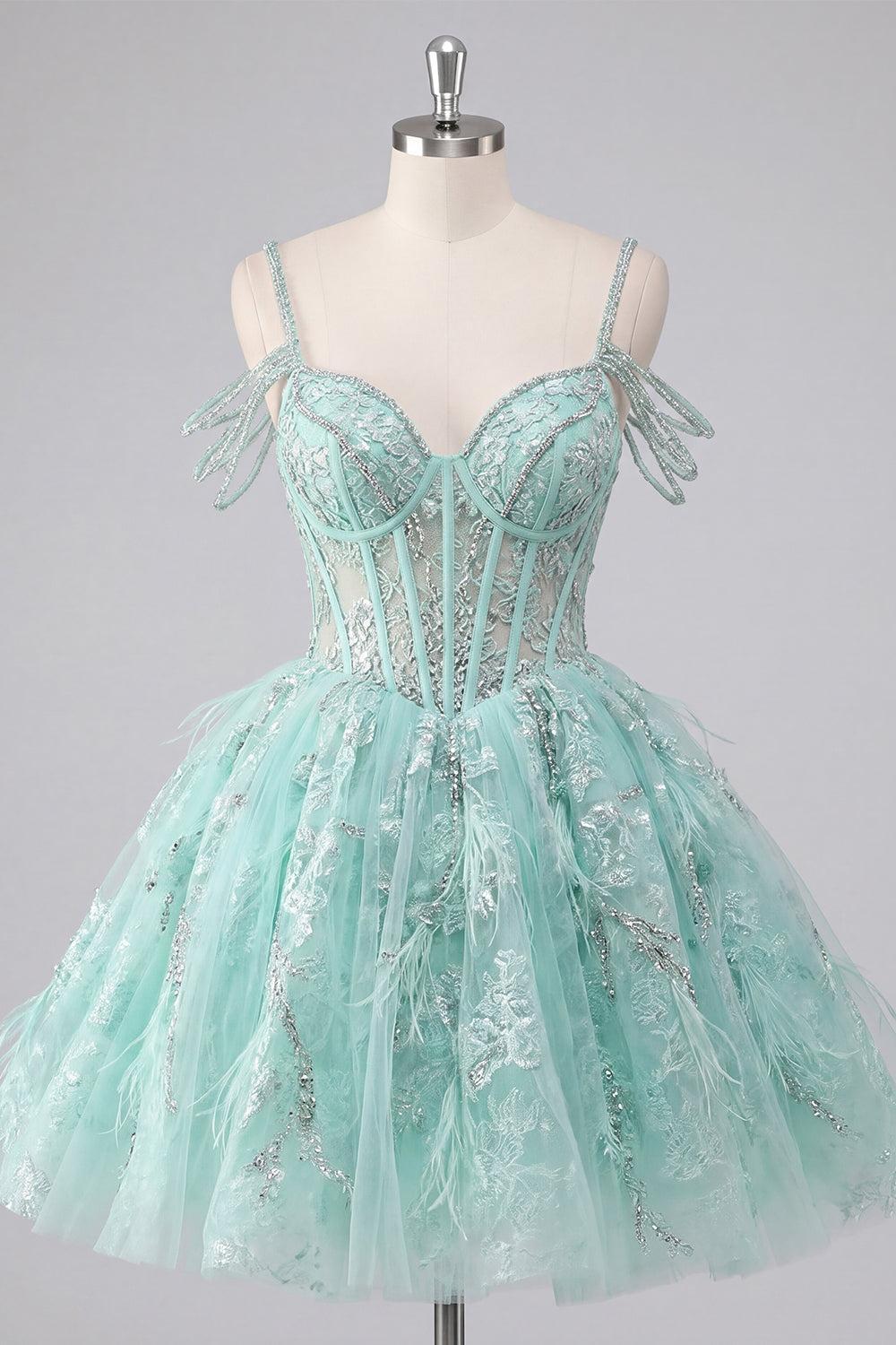 Dressystars Mint Cold-Shoulder Floral Beaded A-Line Corset Short Homecoming Dress
