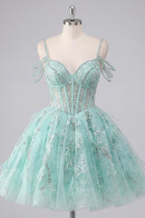 Dressystars Mint Cold-Shoulder Floral Beaded A-Line Corset Short Homecoming Dress