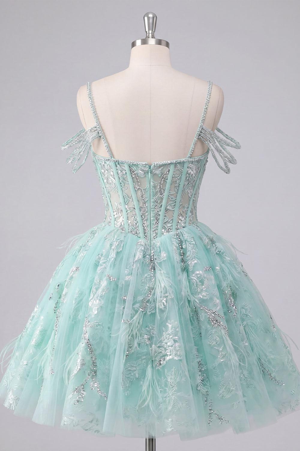 Dressystars Mint Cold-Shoulder Floral Beaded A-Line Corset Short Homecoming Dress