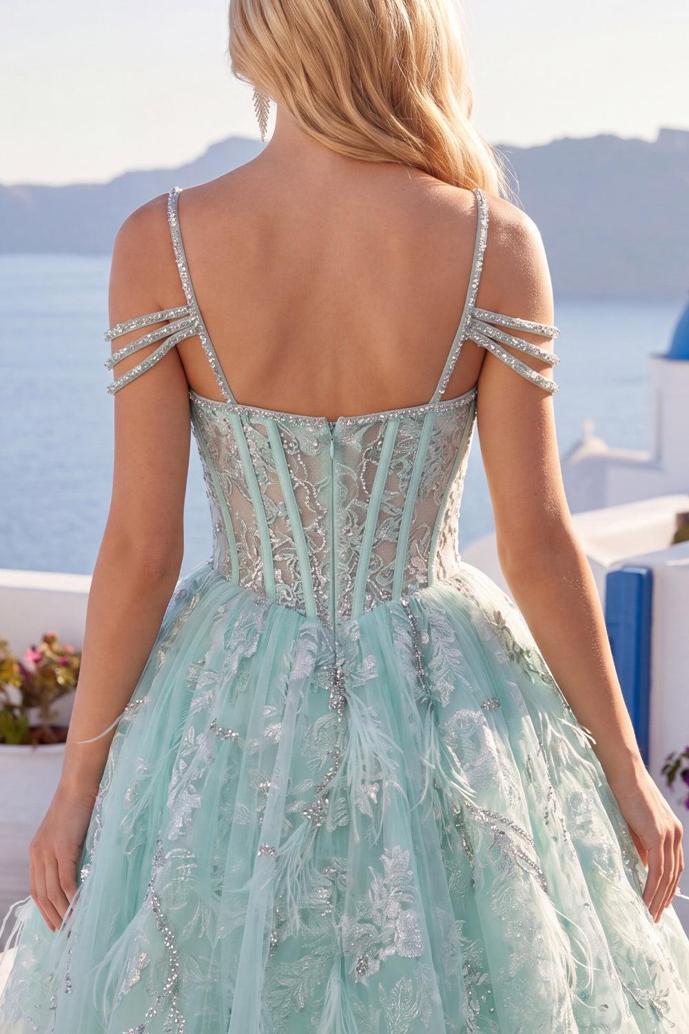 Dressystars Mint Cold-Shoulder Floral Beaded A-Line Corset Short Homecoming Dress