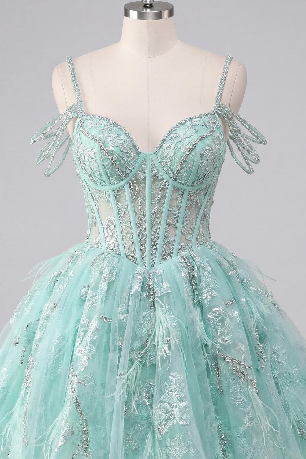Dressystars Mint Cold-Shoulder Floral Beaded A-Line Corset Short Homecoming Dress