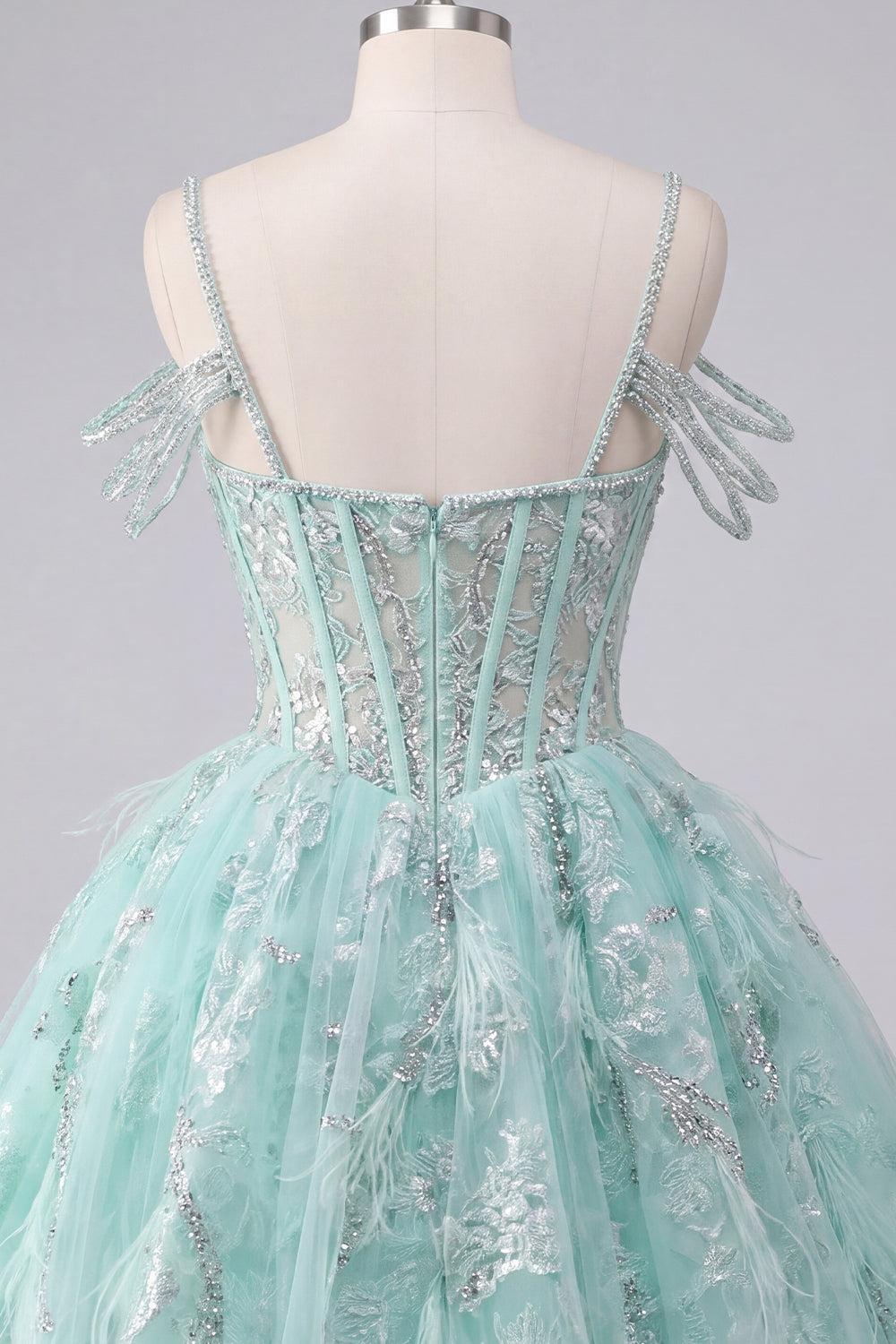 Dressystars Mint Cold-Shoulder Floral Beaded A-Line Corset Short Homecoming Dress
