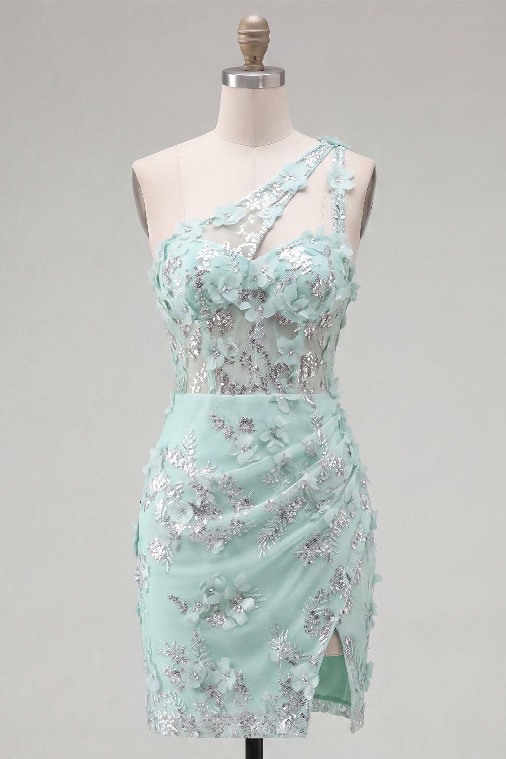 Dressystars Mint Floral Beaded Keyhole Corset Tight Short Homecoming Dress with Slit