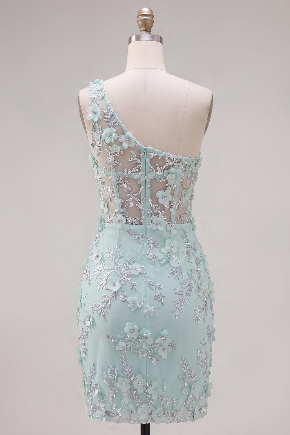 Dressystars Mint Floral Beaded Keyhole Corset Tight Short Homecoming Dress with Slit