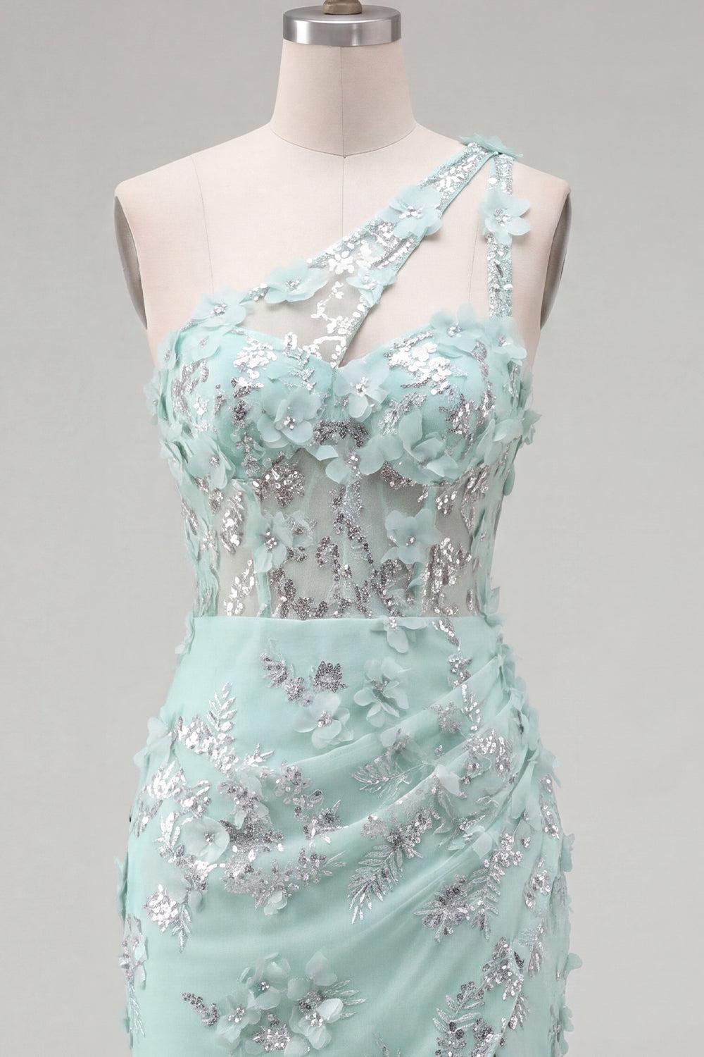 Dressystars Mint Floral Beaded Keyhole Corset Tight Short Homecoming Dress with Slit