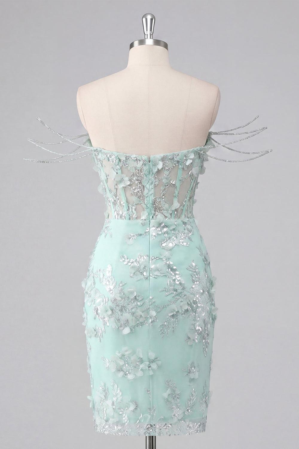 Dressystars Mint Floral Beaded Ruched Corset Tight Short Homecoming Dress with Slit