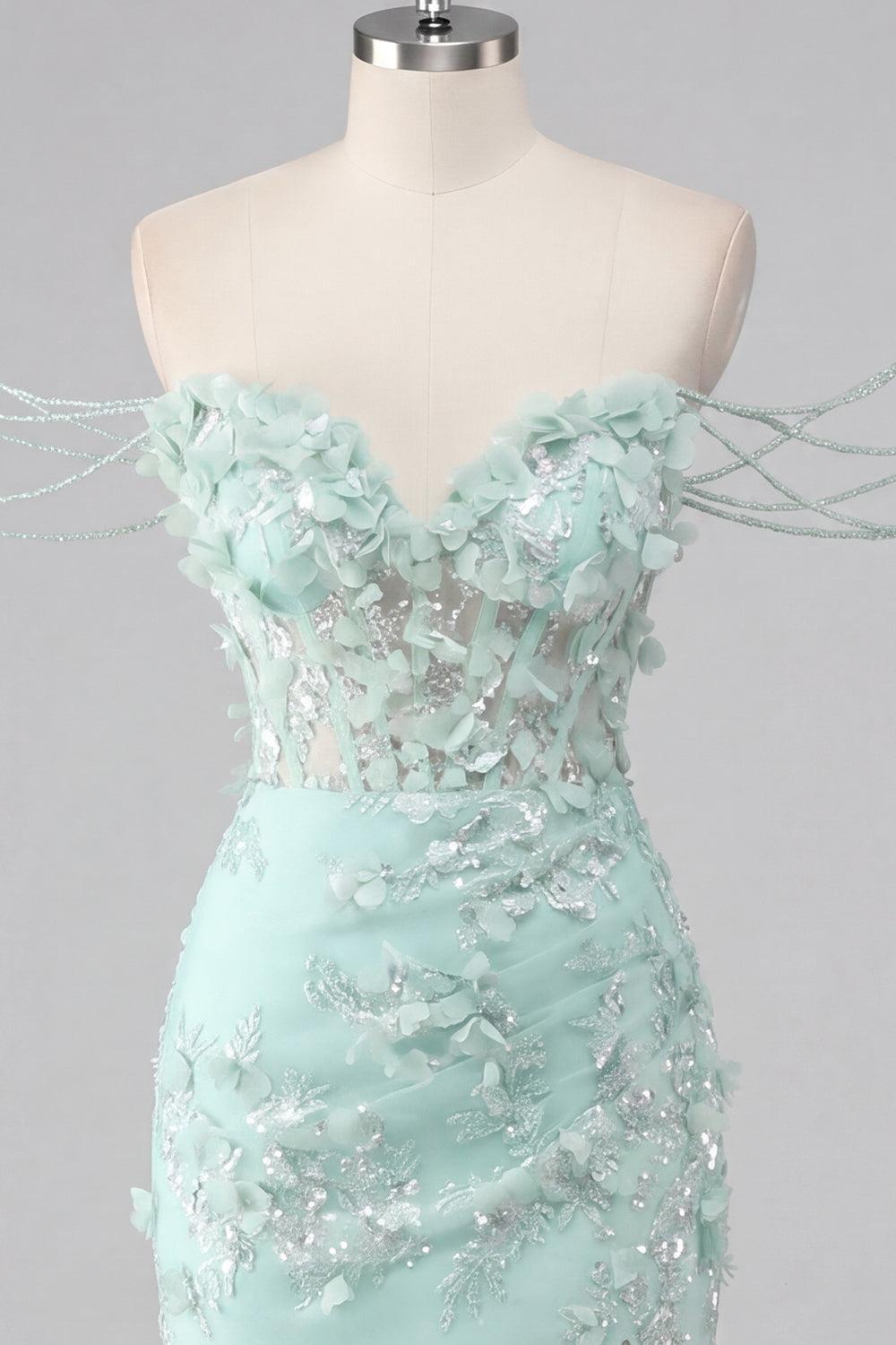 Dressystars Mint Floral Beaded Ruched Corset Tight Short Homecoming Dress with Slit
