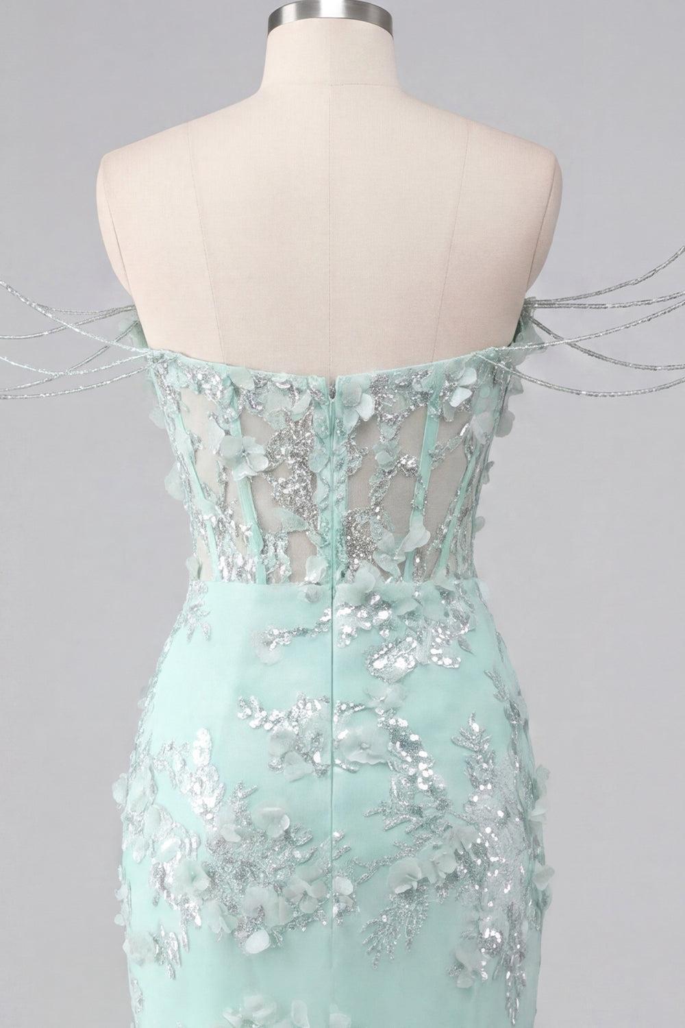 Dressystars Mint Floral Beaded Ruched Corset Tight Short Homecoming Dress with Slit