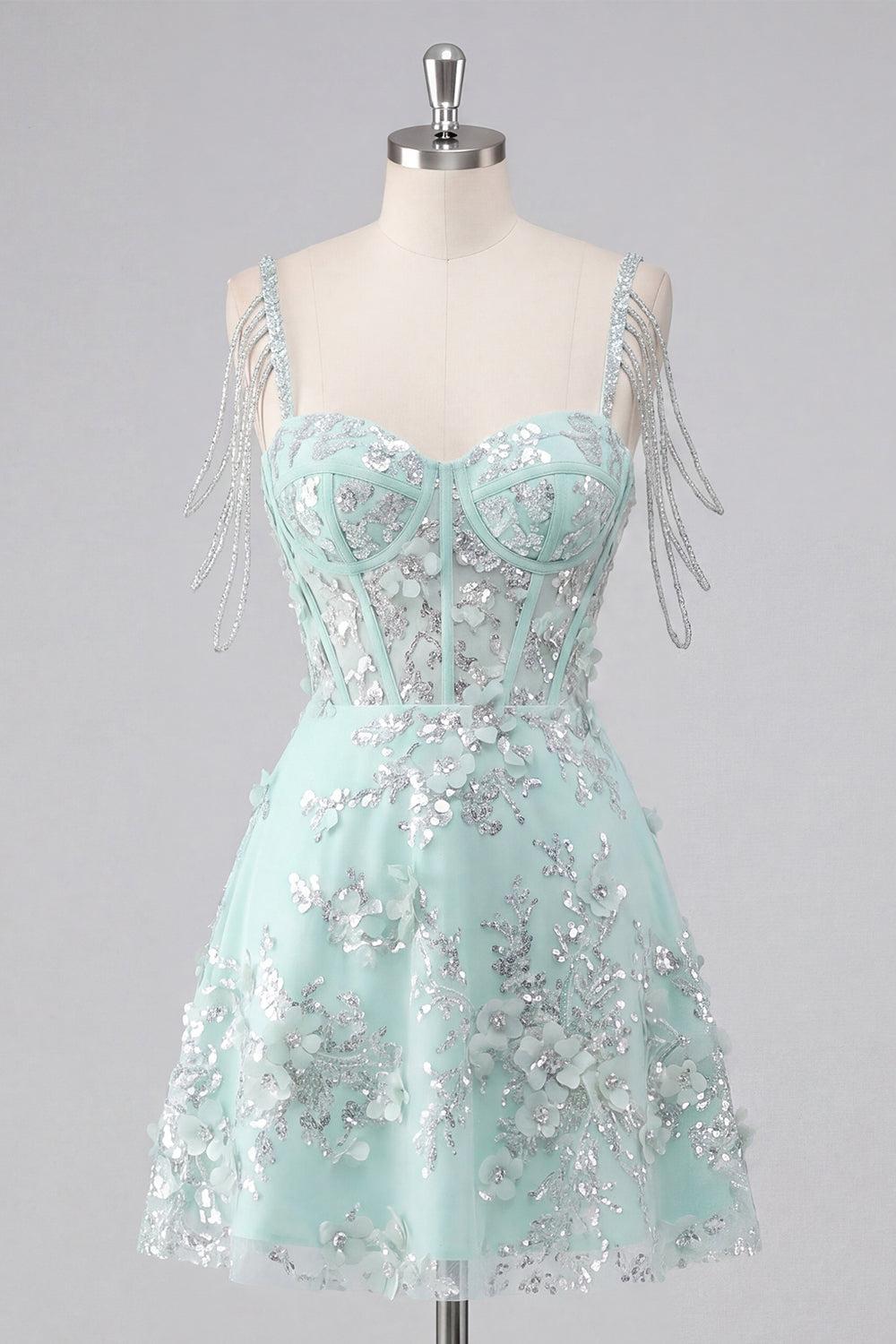 Dressystars Mint Floral Cold-Shoulder Beaded A-Line Corset Short Homecoming Dress
