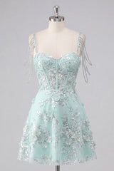 Dressystars Mint Floral Cold-Shoulder Beaded A-Line Corset Short Homecoming Dress