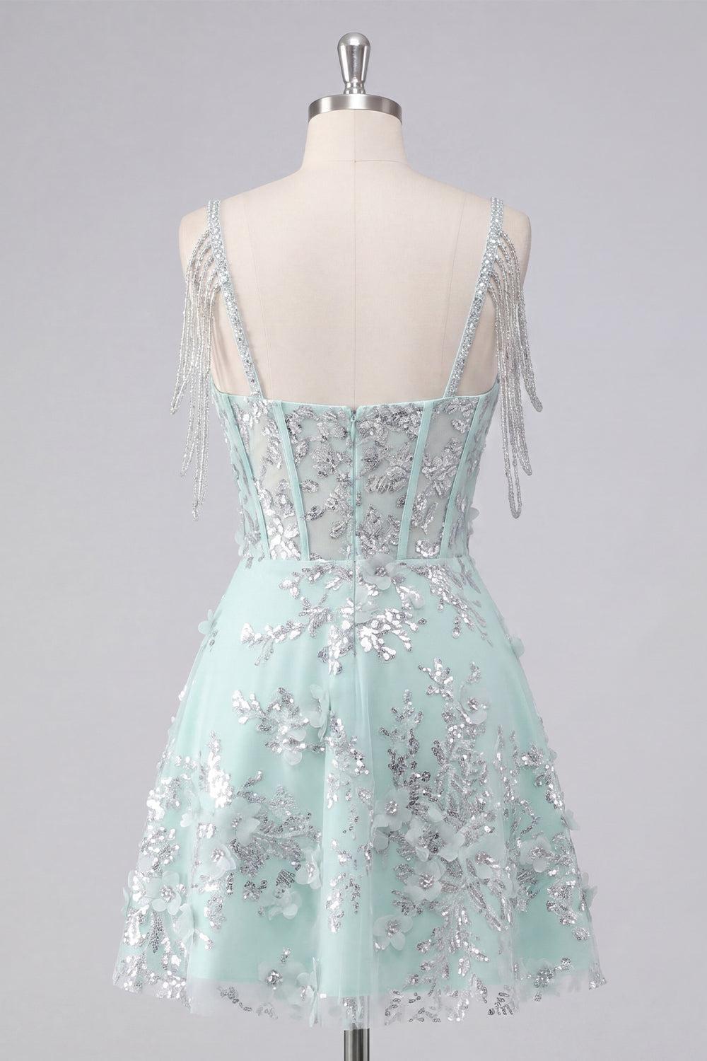 Dressystars Mint Floral Cold-Shoulder Beaded A-Line Corset Short Homecoming Dress