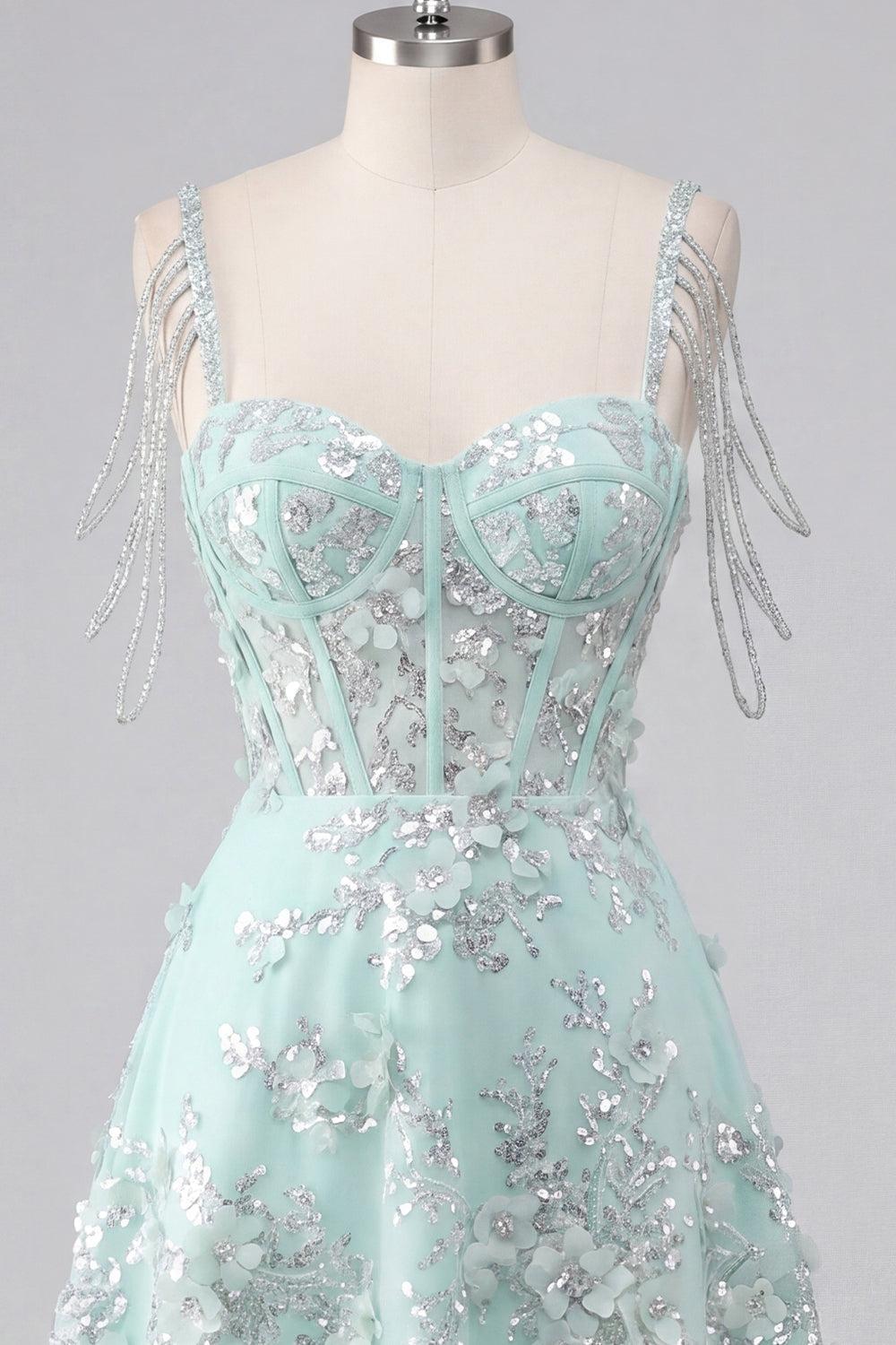 Dressystars Mint Floral Cold-Shoulder Beaded A-Line Corset Short Homecoming Dress