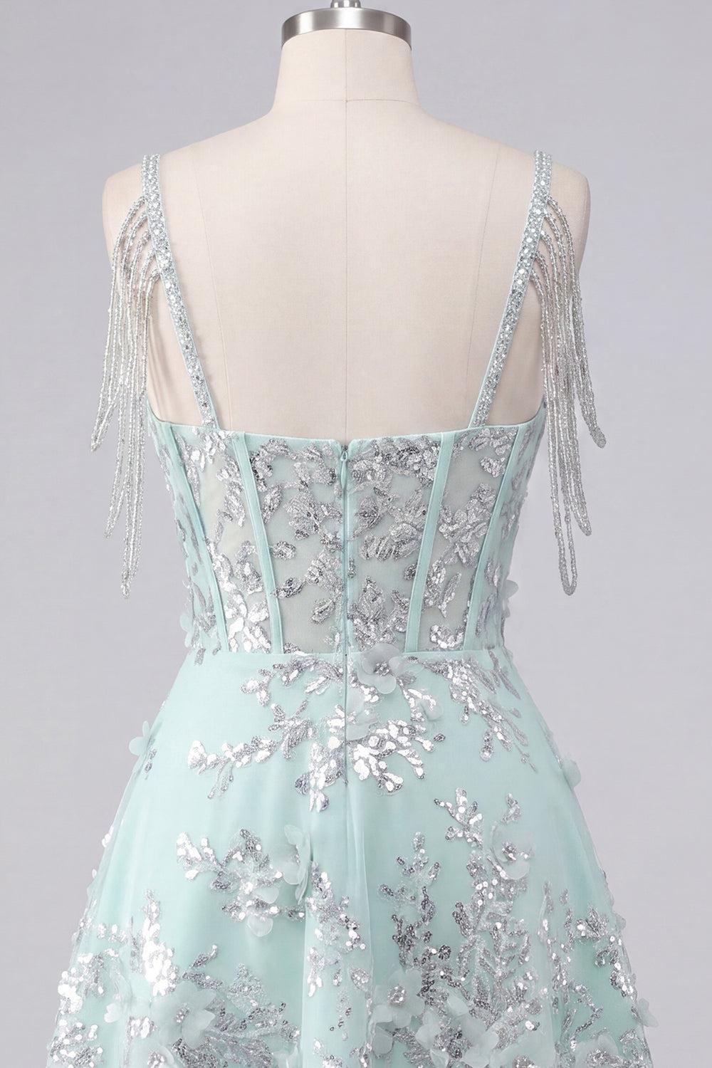 Dressystars Mint Floral Cold-Shoulder Beaded A-Line Corset Short Homecoming Dress