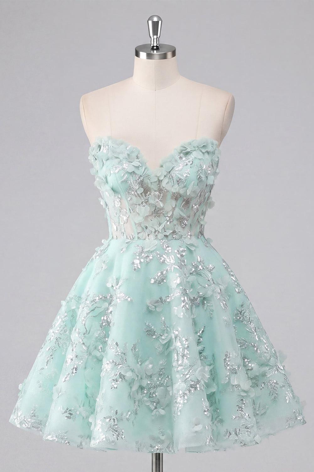 Dressystars Mint Floral Sweetheart Beaded A-Line Corset Short Homecoming Dress