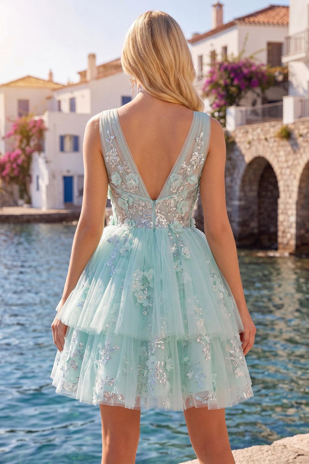 Dressystars Mint Floral V-Neck Beaded A-Line Short Homecoming Dress with Ruffles