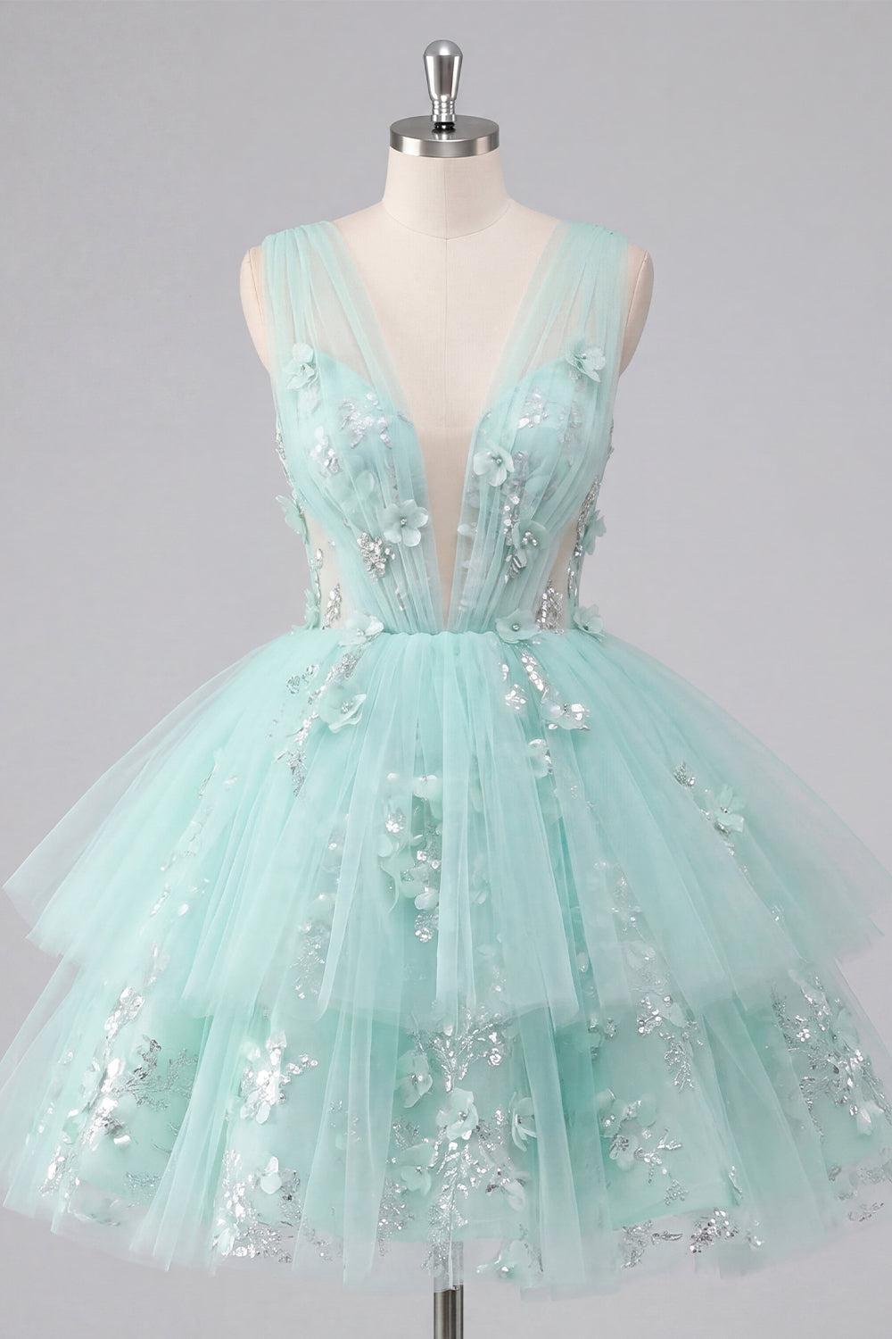 Dressystars Mint Floral V-Neck Beaded A-Line Short Homecoming Dress with Ruffles