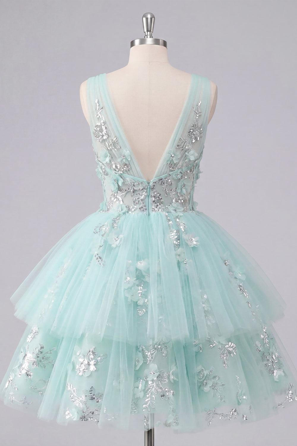 Dressystars Mint Floral V-Neck Beaded A-Line Short Homecoming Dress with Ruffles