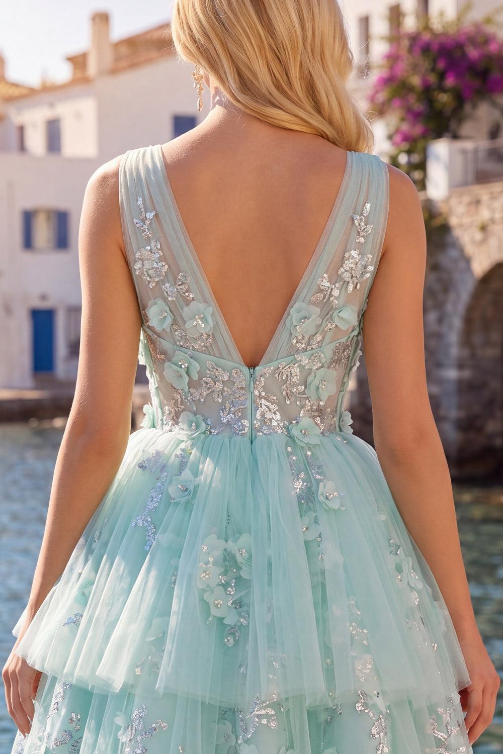 Dressystars Mint Floral V-Neck Beaded A-Line Short Homecoming Dress with Ruffles