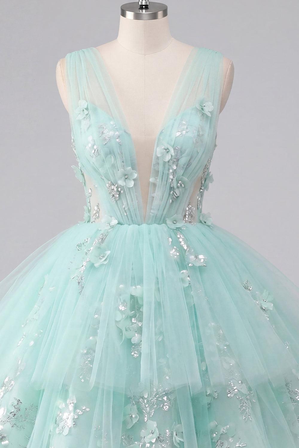 Dressystars Mint Floral V-Neck Beaded A-Line Short Homecoming Dress with Ruffles