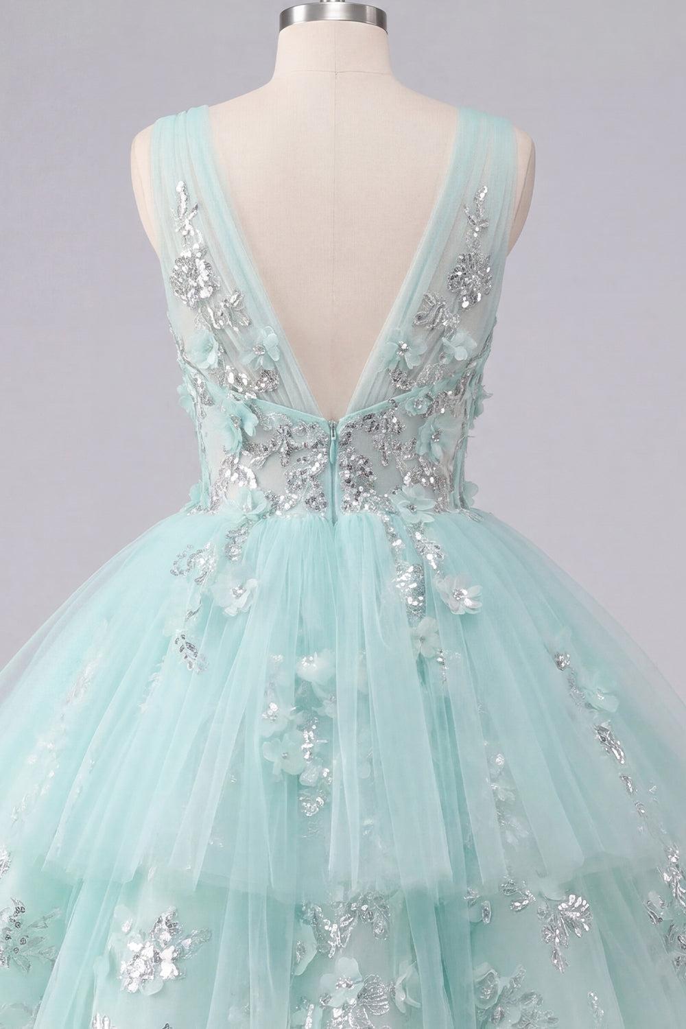 Dressystars Mint Floral V-Neck Beaded A-Line Short Homecoming Dress with Ruffles
