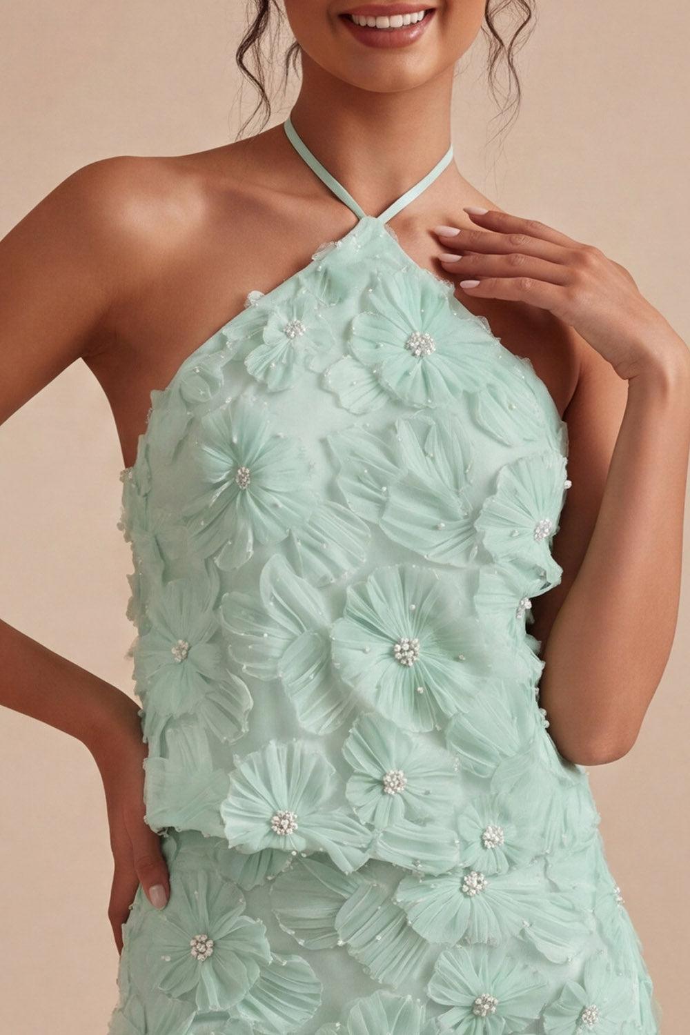 Dressystars Mint Green Floral Halter 2-Piece Tight Short Homecoming Dress