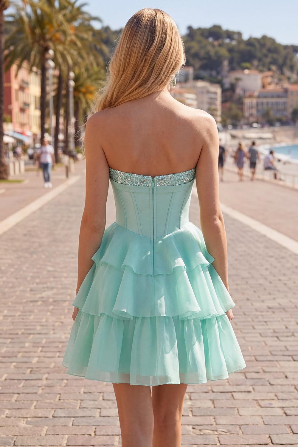 Dressystars Mint Green Strapless Beaded A-Line Corset Short Homecoming Dress with Ruffles
