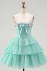 Dressystars Mint Green Strapless Beaded A-Line Corset Short Homecoming Dress with Ruffles