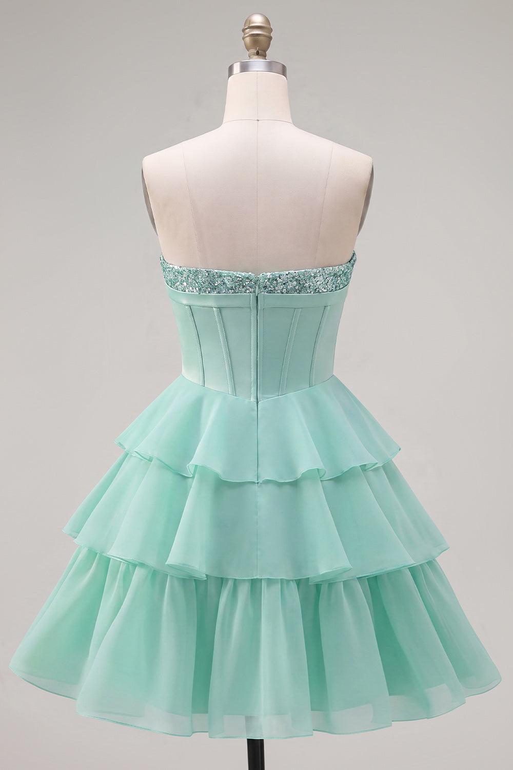 Dressystars Mint Green Strapless Beaded A-Line Corset Short Homecoming Dress with Ruffles