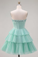 Dressystars Mint Green Strapless Beaded A-Line Corset Short Homecoming Dress with Ruffles