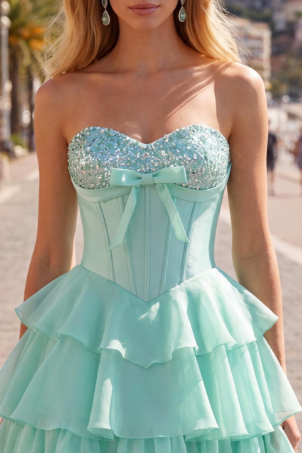 Dressystars Mint Green Strapless Beaded A-Line Corset Short Homecoming Dress with Ruffles