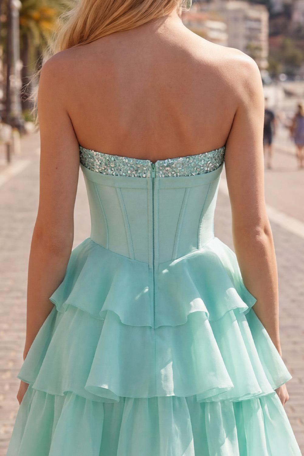 Dressystars Mint Green Strapless Beaded A-Line Corset Short Homecoming Dress with Ruffles